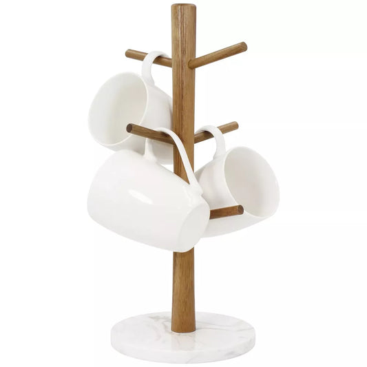 Wood Mug Holder with Marble Base and Acacia Wood Branches, 6-Hook Cup Rack Tree for Countertop, Stable Anti-Slip Design (Round Base White)