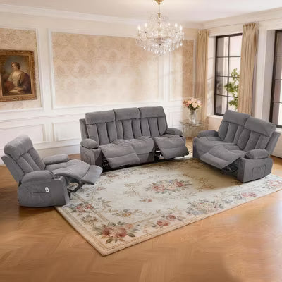 Bosmiller Manual Recliner Sofa Set, 3 Piece Reclining Living Room Furniture Sets with Cup Holders for Home Theater, Office (Grey, Sofa+Loveseat+Chair)