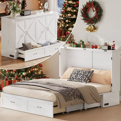 Mjkone Modern Queen Size Murphy Bed with USB ports,Drawers,with 4.7''Mattress, White