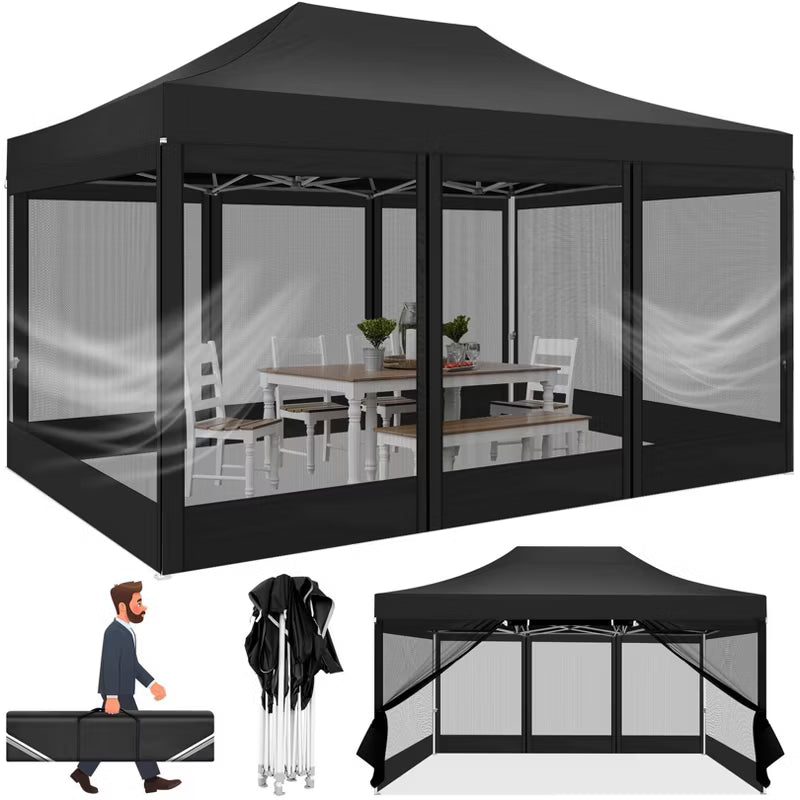 COBIZI 10x15FT Canopy Tent with 4 Sidewalls Heavy Duty Pop up Canopy with Mosquito Netting Black