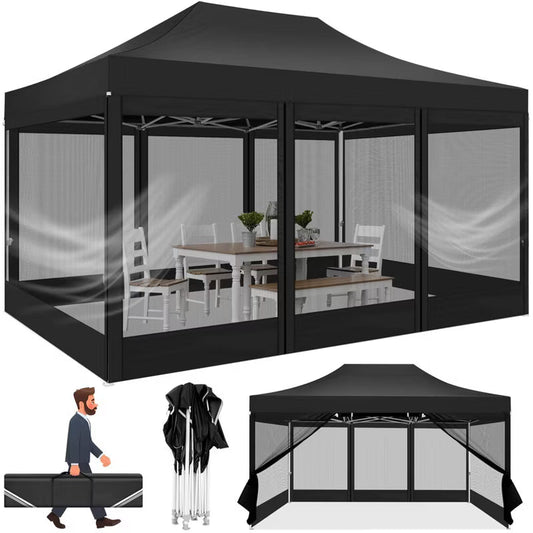 COBIZI 10x15FT Canopy Tent with 4 Sidewalls Heavy Duty Pop up Canopy with Mosquito Netting Black