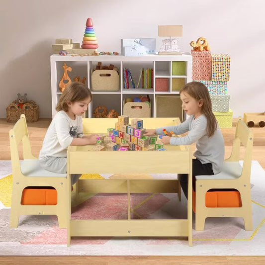 Kinder King 3-in-1 Kids Table & 2 Chairs Set with Storage, Removable Top & Blackboard, for Art, Crafts, Reading, Play