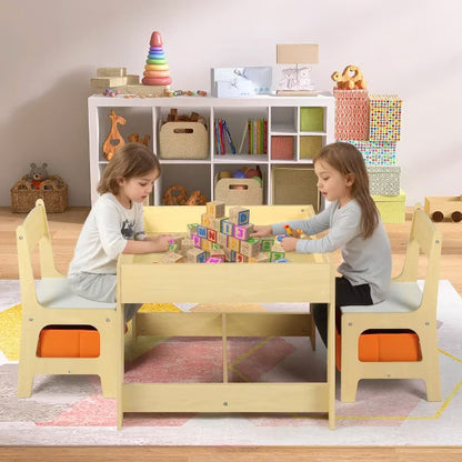 TODECARE Kids Wooden Table and 2 Chairs Set with Storage Drawers, Detachable Tabletop and Activity Surface, Natural