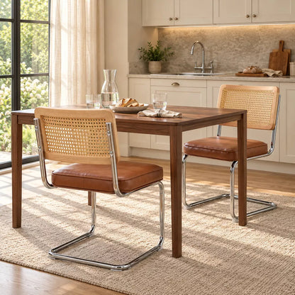 LauKingdom Cognac Brown Rattan Dining Chairs Set of 2, Faux Leather Cane Back Kitchen Chairs with Chrome Cantilever Frames for Dining Room & Apartment