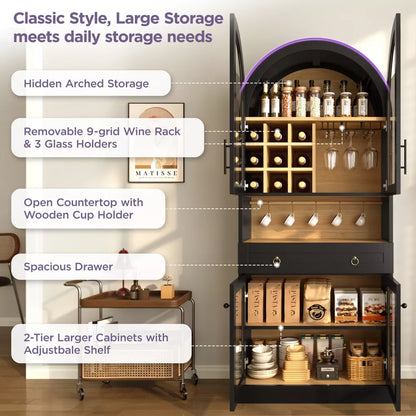 Arched Bar Cabinet, Mid-Century Wine Liquor Cabinet with Tempered Glass Doors, 9 Wine Racks, 3 Glass Holders, Drawer, Adjustable Shelf & Hooks, Black