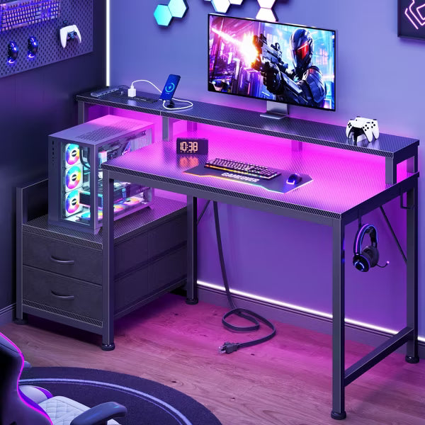 Qwatto 47" Gaming Desk with LED Lights and Charging Station Reversible Computer Desk with Monitor Stand and Fabric Drawers Corner Office Workstation