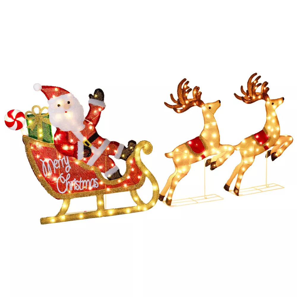 Romswi 3pcs Pre-Lit Santa Sleigh and Reindeers Outdoor Christmas Decoration Lighted Xmas Holiday Decor w/ 220 LED Lights for Yard Porch Patio Garden