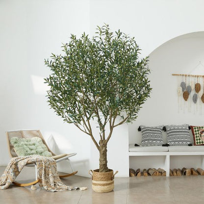 DR.Planzen 7FT Artificial Olive Tree with Thick Stump - UV Resistant Faux Plant for Indoor/Outdoor, Black Pot & Realistic Green Leaves
