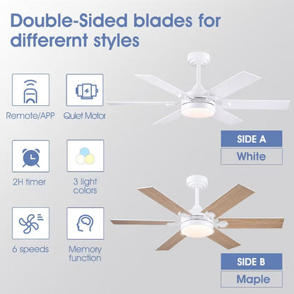 Kviflon 46 Inch Downrod Ceiling Fan with LED Light,5 Reversible Plywood Blades,APP and Remote Control