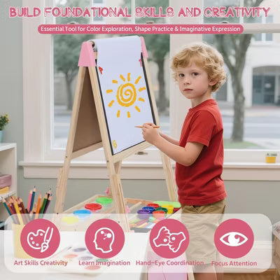 TODECARE Kids 3-in-1 Adjustable Kids Art Easel with Magnetic Whiteboard, Chalkboard, Paper Roll and Storage, Pink