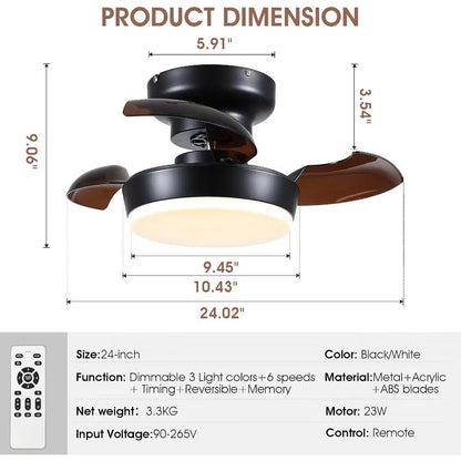 Kviflon 24" Flush Mount Ceiling Fan with Light and Remote for Small Room Bedroom Kitchen Dining Room Laundry Room