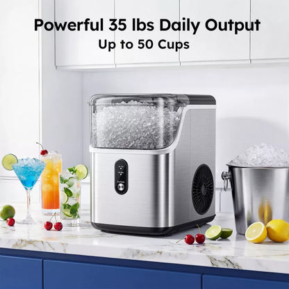 Simzlife 35 Lbs. Nugget Ice Maker Countertop, Stainless Steel Portable Ice Machine, Self-Cleaning, Silver