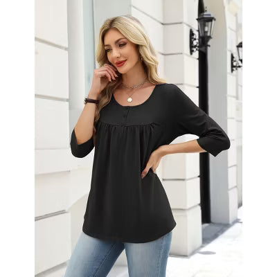 Zeagoo Women's Henley 3/4 Sleeve Flared Loose Casual Tunic Top-Black-M