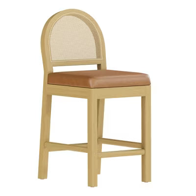 Set of 2 Rattan Back Counter Height Bar Stools with Upholstered Seat and Solid Beech Wood Frame