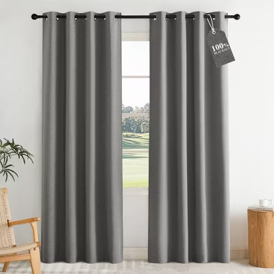 NICETOWN 100% Blackout Curtains with Grommets Thermal Insulated Noise Reducing Linen Textured Drapes for Bedroom 2 Panels, 52W x 84L, Gray
