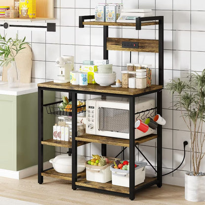 Hooseng Bakers Rack with Storage Coffee Bar Cabinet, Microwave Stand with Storage & Power Outlet for Kitchen & Dining, Rustic Brown
