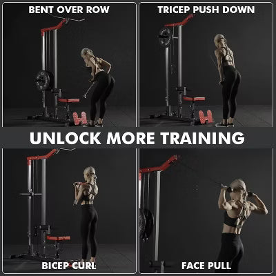 LAT Pulldown Machine, LAT Row Cable Machine with Leg Hold Down Attachment, LAT Tower with Cable Row Attachment