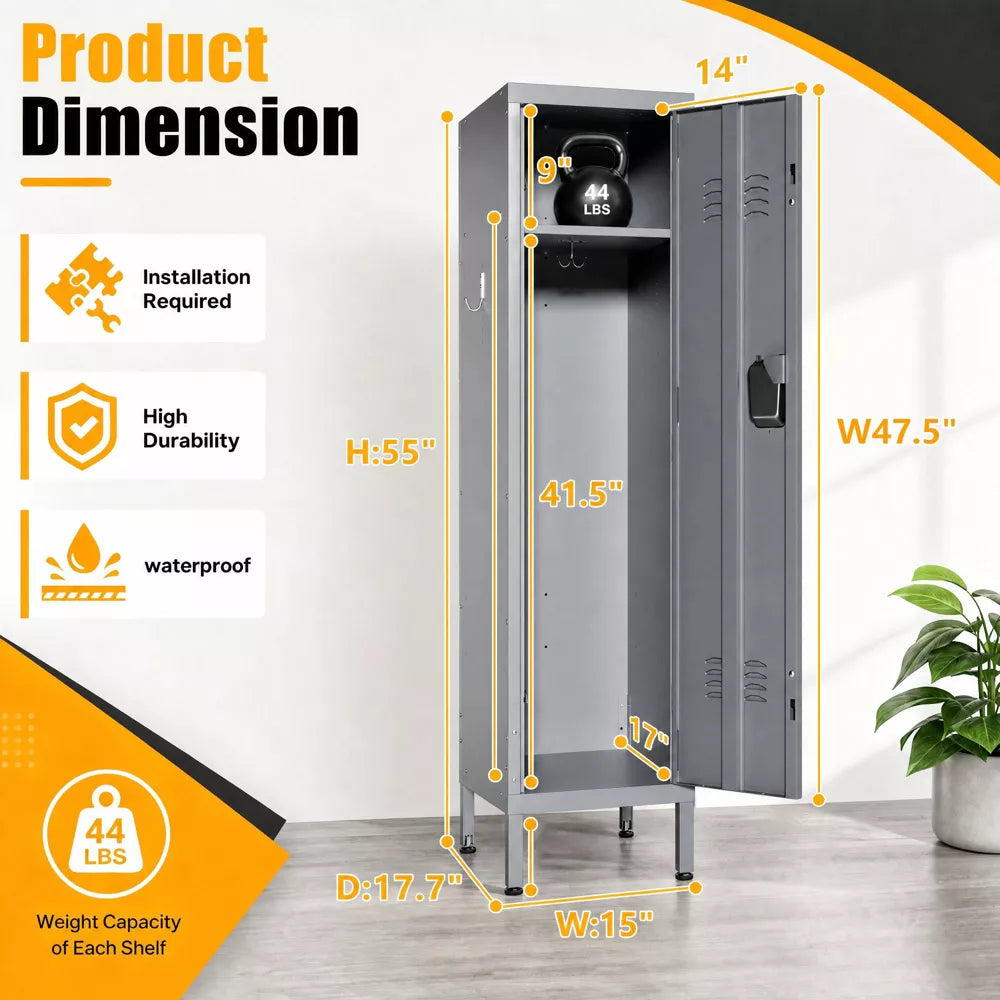VIYET 55" Steel Wardrobe Cabinet, Slim Metal Clothing Storage Locker with Ventilated Door, Side Hooks & Anti-Tip Kit, Gray