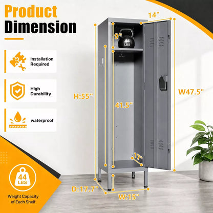 VIYET 55" Steel Wardrobe Cabinet, Slim Metal Clothing Storage Locker with Ventilated Door, Side Hooks & Anti-Tip Kit, Gray