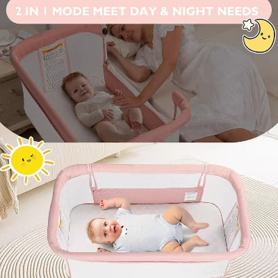 TODECARE Baby Bassinet Bedside Sleeper, 2 in 1 Folding Portable Bedside Sleeper with Wheels, All-Sided Mesh Infant Travel Crib for Toddlers