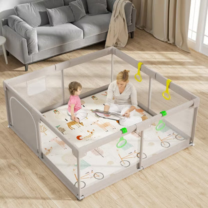 Fodoss Baby Playpen with Mat, 59x59 In Playpen for Babies and Toddlers, Indoor & Outdoor Activity Center, Safety Baby Fence (59x59x27inch, gray)