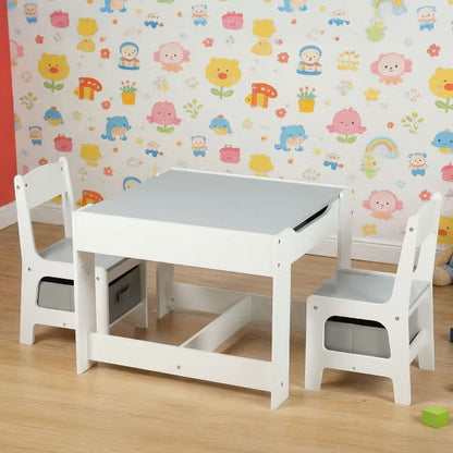 TODECARE Kids Wooden Table and 2 Chairs Set with Storage Drawers, Detachable Tabletop and Activity Surface, Gray