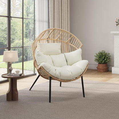 Oversized Wicker Egg Chair, Papasan Chairs with Extra-Soft Pillow & Thick Cushion for Indoor/Outdoor, Living Room, Backyard