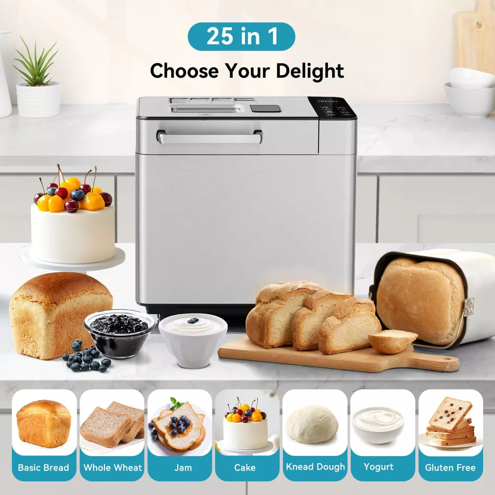 Simzlife 25 in 1 Bread Maker, 3 Loaf Sizes, Preprogrammed Menu, Delay Timer, Digital Control, Stainless Steel, Compact Machine, for Beginner, Silver