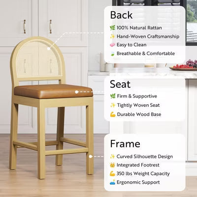 Set of 2 Rattan Back Counter Height Bar Stools with Upholstered Seat and Solid Beech Wood Frame