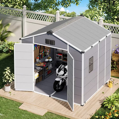 EROMMY 8 X 8 FT Outdoor Storage Shed, Weather-Resistant Shed With Lockable Double Doors & Built-In Floor, Sloped Roof Outdoor Shed For Backyard