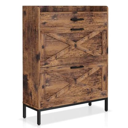 Hooseng Slim Wooden Shoe Cabinet with Drawers, Freestanding Shoe Organizer with Metal Legs for Entryway, Narrow Shoe Rack Storage Unit