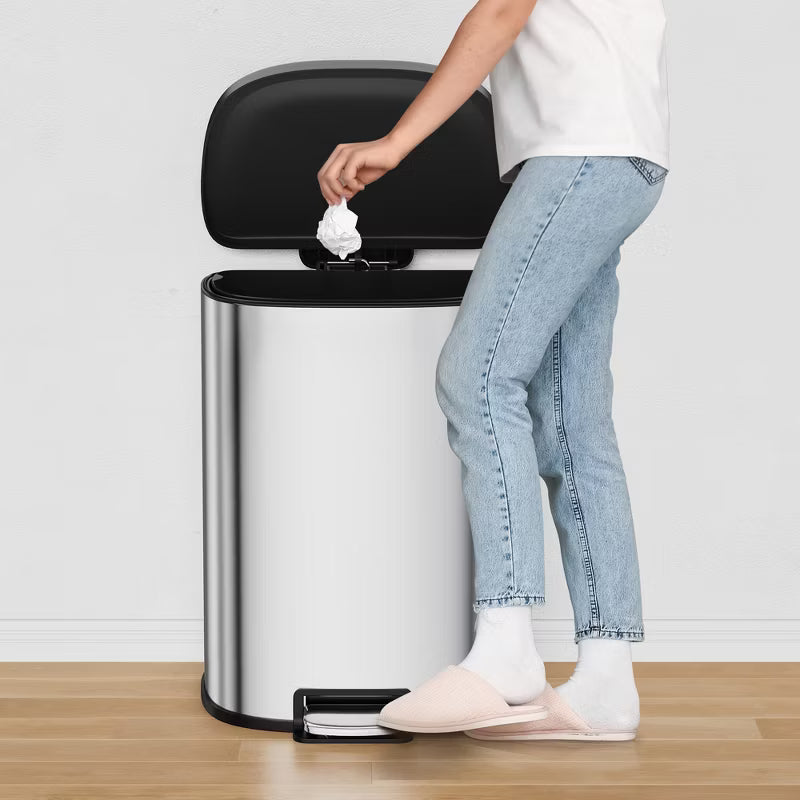 13.2 Gallon D-Shape Hands-Free Pedal Trash Can, Anti-Fingerprint Stainless Steel Bin with Removable Inner Bucket for Garbage Recycling
