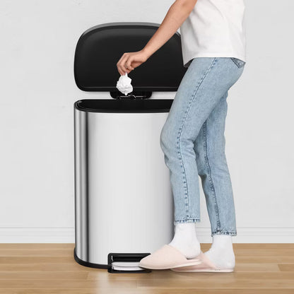 13.2 Gallon D-Shape Hands-Free Pedal Trash Can, Anti-Fingerprint Stainless Steel Bin with Removable Inner Bucket for Garbage Recycling