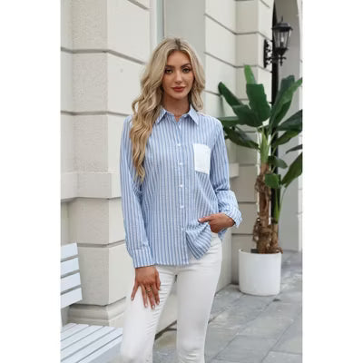 Zeagoo Women's Striped Button Down Long Sleeve Colorblock Collared Shirt with Floral Embroidered Back-Khaki Stripe-L