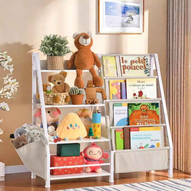 Unikito Kids Bookshelf, Book Shelf with Side Pocket, 4 Tier Sling Bookcase Toy Organizer Toddler Nursery Book Shelves, White, 33.9"x 11.8" x 30.9"