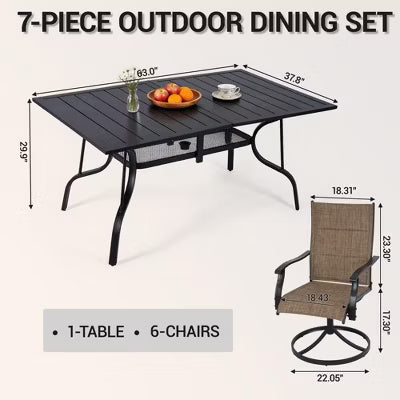BOSMILLER 7-Piece Outdoor Patio Dining Set with Swivel Chairs & Metal Table, All-Weather Furniture for Deck, Lawn, Garden - Brown