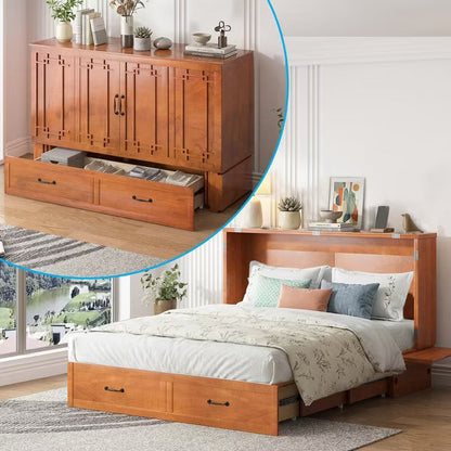 Mjkone Space-Saving Murphy Bed Cabinet with Built-In Charging Station, Convertible Bed with Large Drawers & Mattress Excluded