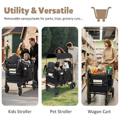 TODECARE Wagon Stroller for 2 Kids, All-Terrain Foldable Outdoor Stroller Wagon, Adjustable Handle, Shock-Absorbing Wheel, Detachable Tray