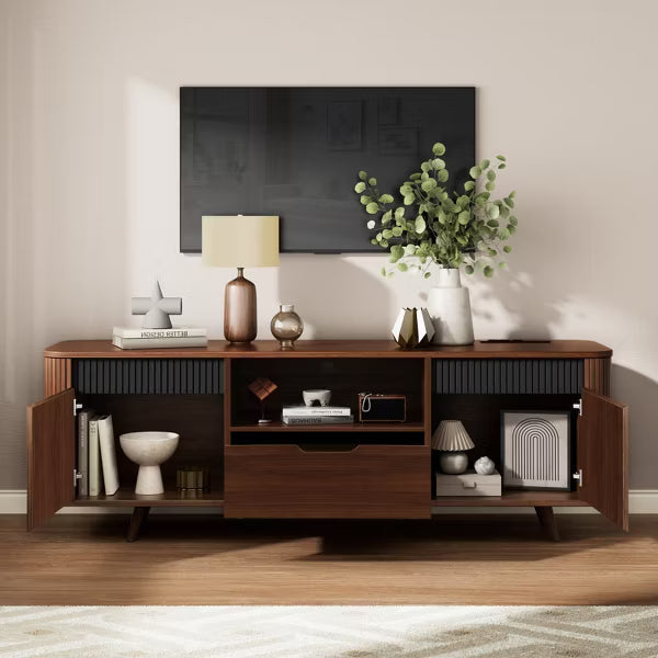 Qwatto 55'' Media Console TV Stand For TVs Up To 65'' Tambour Sliding Door Storage Cabinet With Charging Station Wood Legs Modern Entertainment Unit
