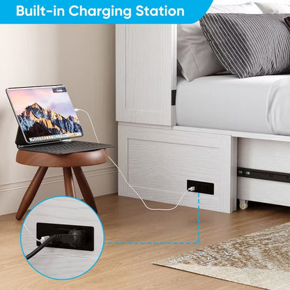 Murphy Bed Cabinet with Foldable Mattress, Queen Murphy Bed with Charging Station, Drawers-White