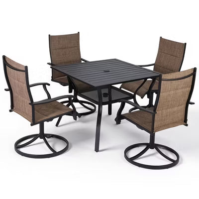 BOSMILLER 5-Piece Patio Dining Set with 4 Swivel Chairs & Square Metal Table, Umbrella Hole, All-Weather Outdoor Furniture - Brown