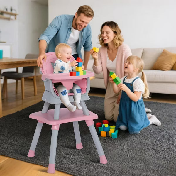 TODECARE Baby High Chair, 8 in 1 Convertible Highchair for Baby& Toddler, Booster Seat, Safety Harness, Removable Tray, Gray & Pink