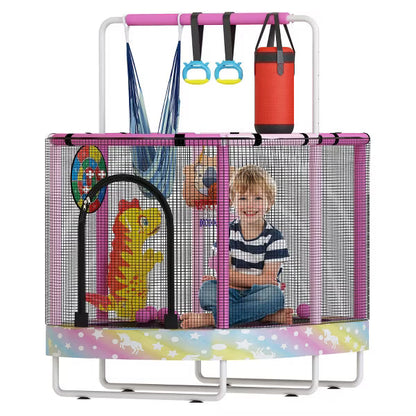 Hooseng 60" Oval Trampoline for Kids, 5 FT Indoor & Outdoor Toddler Trampoline with Safety Enclosure, Adjustable Gymnastics Bar, Swing & Toys