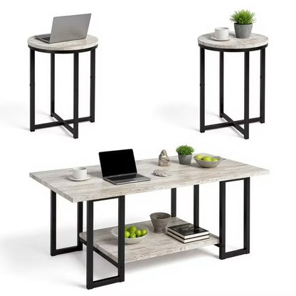 Hooseng 3 PCS Coffee Table Set Rectangle Coffee Table and 2 PCS Round End Tables Metal Frame and Particle Board Tabletop
