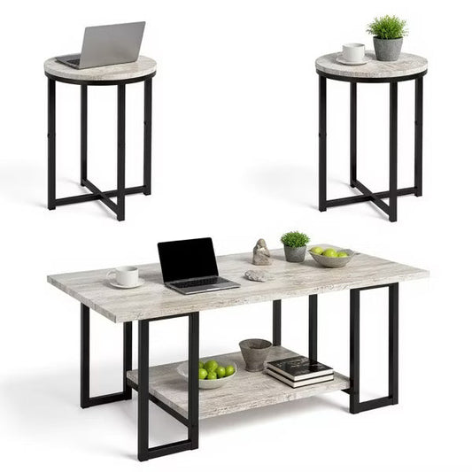 Hooseng 3 PCS Coffee Table Set Rectangle Coffee Table and 2 PCS Round End Tables Metal Frame and Particle Board Tabletop