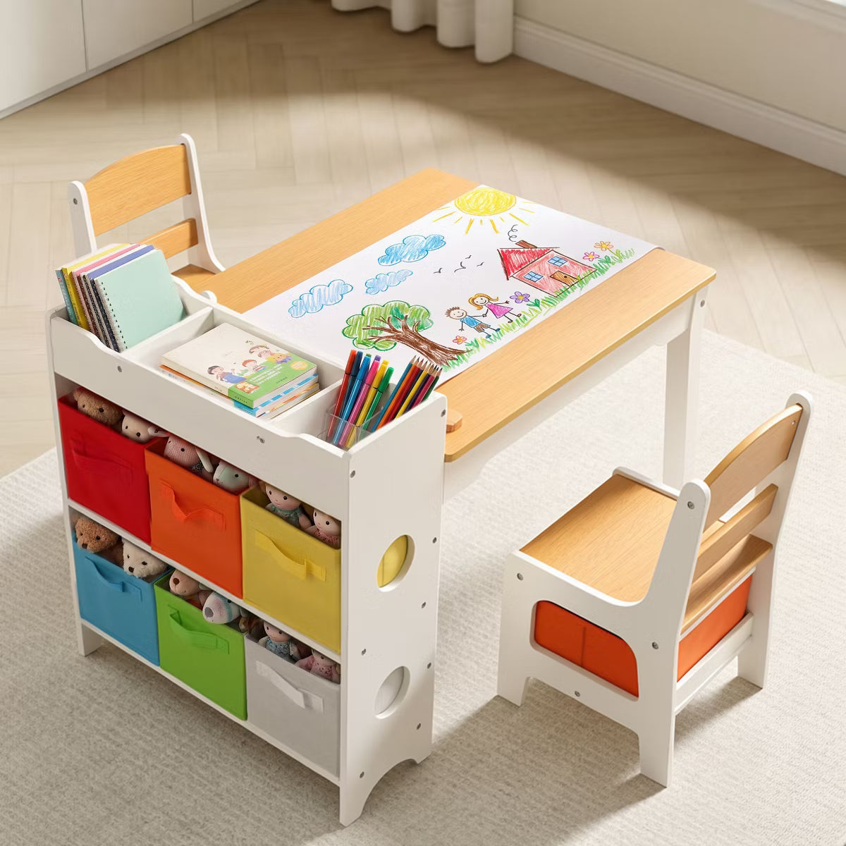 TODECARE Kids Table and Chair Set with Storage Bins and Paper Roll, Toddler Furniture Set, Natural