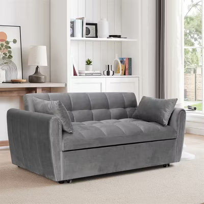 ELJGET 65" 3-in-1 Foldable Large Sofa Bed, Modern Velvet Adjustable Backrest Double Sofa for Living Room & Bedroom, Gray