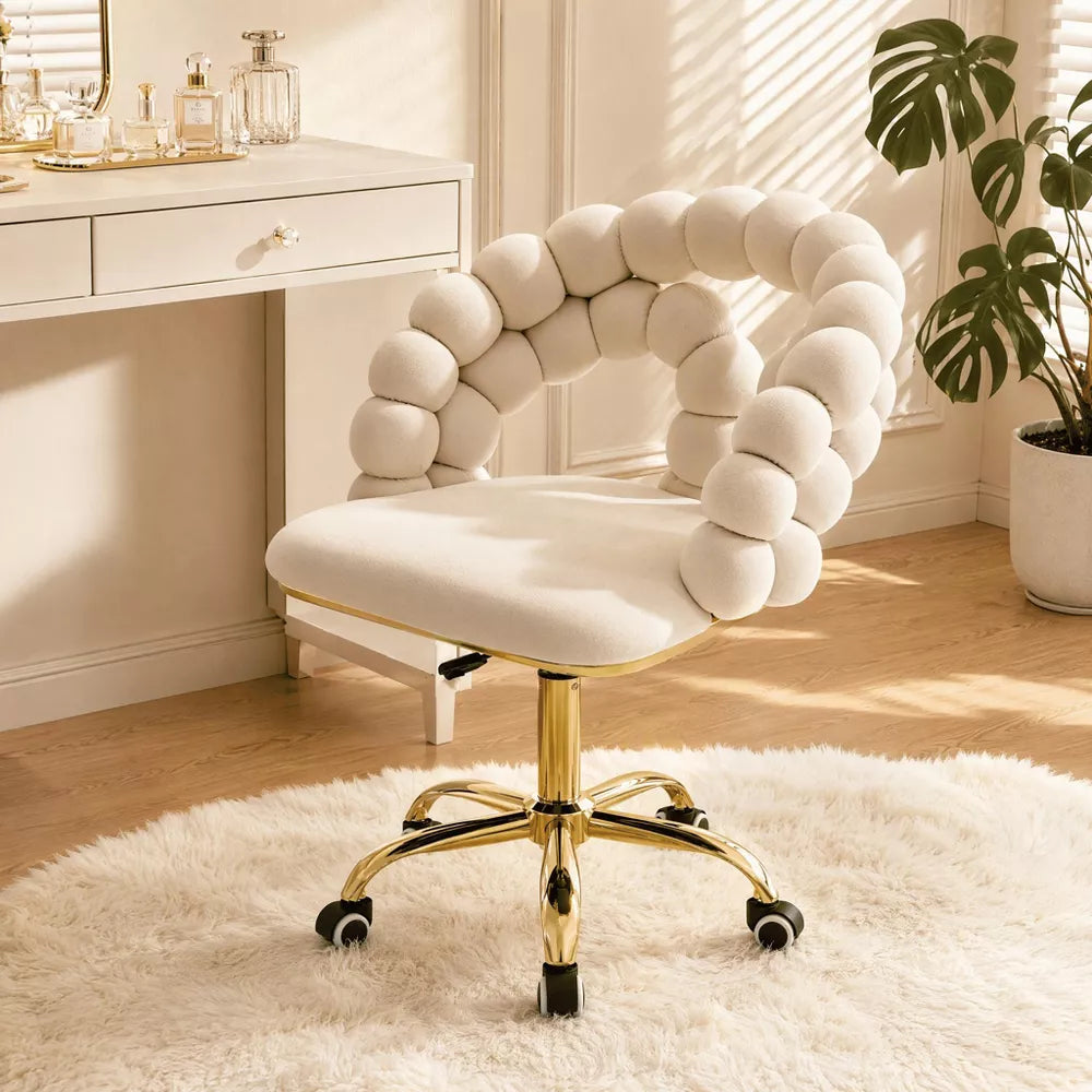 Modern Velvet Adjustable Swivel Office Chair with Bubble Back, Padded Vanity Chair with Gold Metal Base, for Office, Bedroom, Makeup Room, Beige
