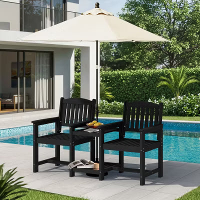 Hyleory HDPE Double Outdoor Chair with 2-Tier Side Table, Weather Resistant Patio Loveseat with Built-In Table