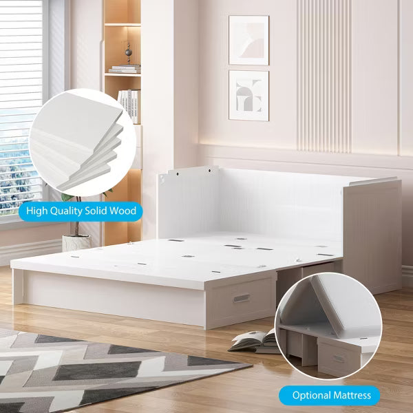 Mjkone Queen Murphy Bed with Charging Station & Storage Drawer,Space-Saving Design,No Mattress,White